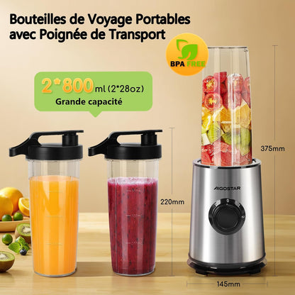 Mixeur Blender avec 2 Bouteilles Portables de 800ml, pour Smoothie Milk-shake Fruits