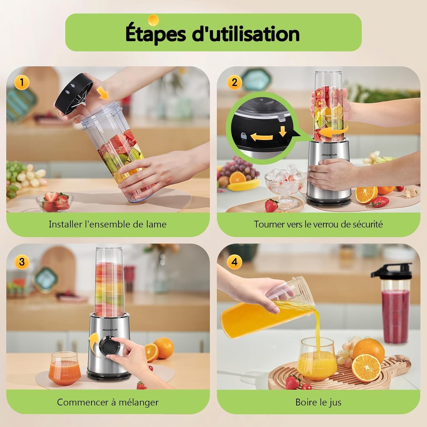 Mixeur Blender avec 2 Bouteilles Portables de 800ml, pour Smoothie Milk-shake Fruits