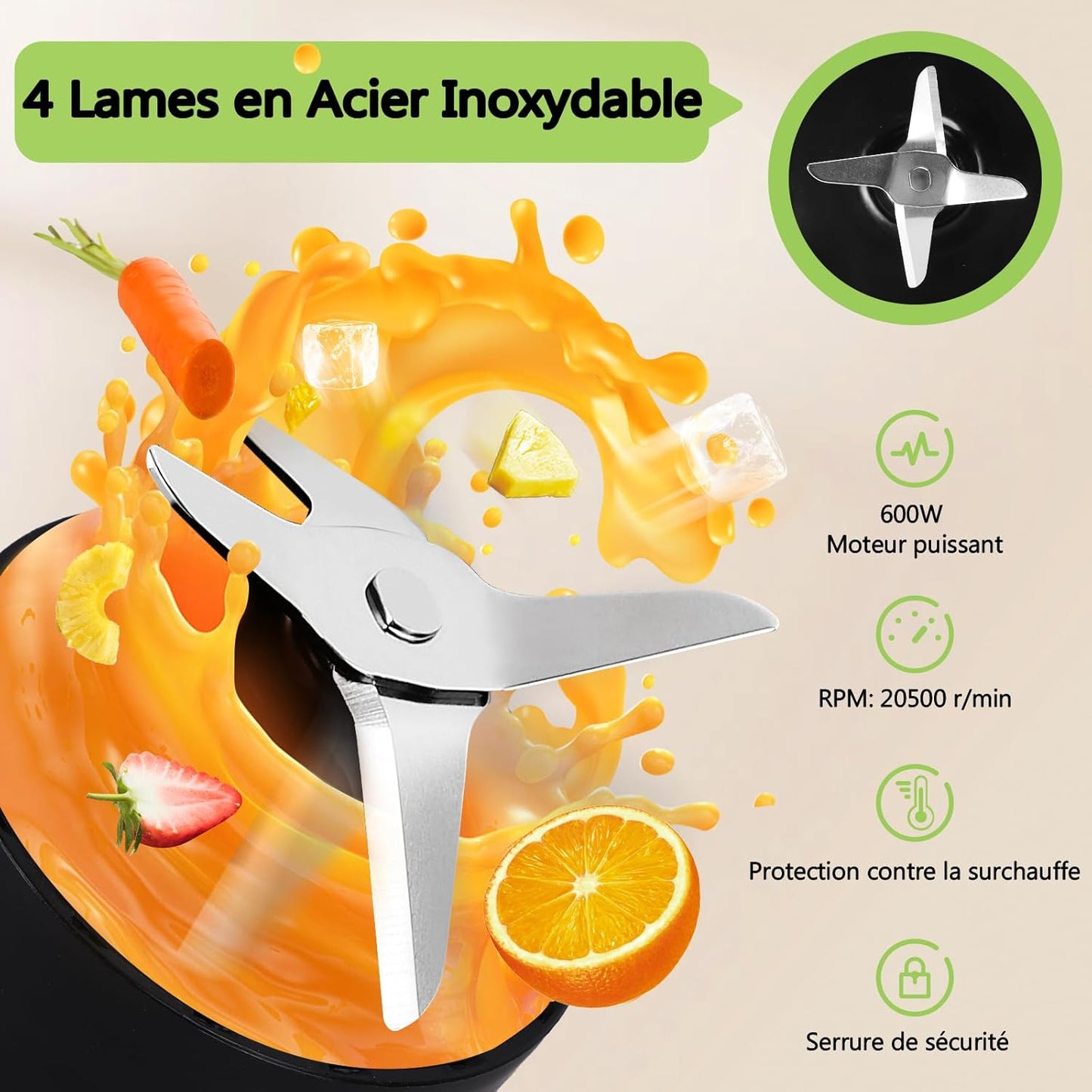 Mixeur Blender avec 2 Bouteilles Portables de 800ml, pour Smoothie Milk-shake Fruits