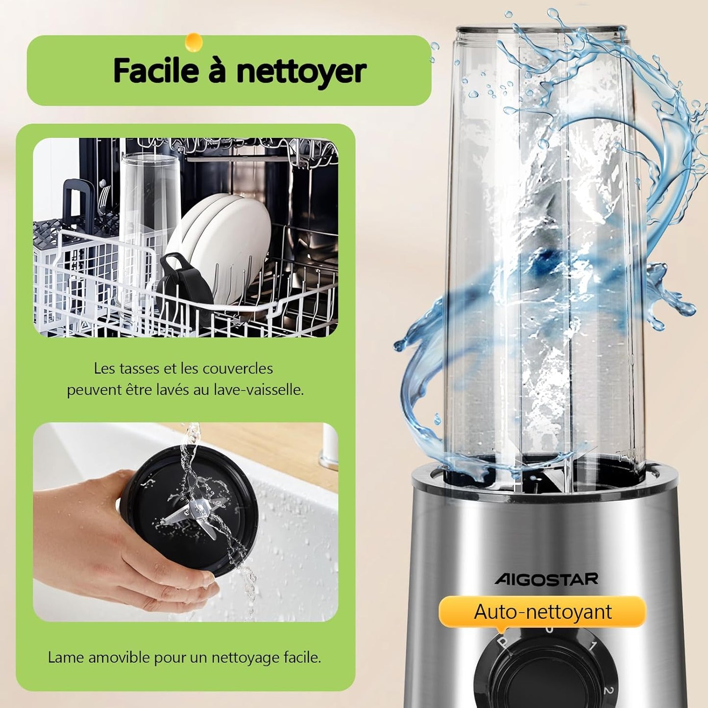 Mixeur Blender avec 2 Bouteilles Portables de 800ml, pour Smoothie Milk-shake Fruits