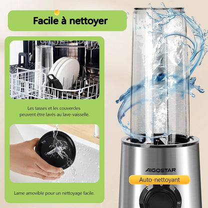 Mixeur Blender avec 2 Bouteilles Portables de 800ml, pour Smoothie Milk-shake Fruits