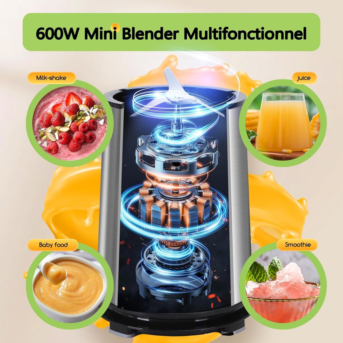 Mixeur Blender avec 2 Bouteilles Portables de 800ml, pour Smoothie Milk-shake Fruits